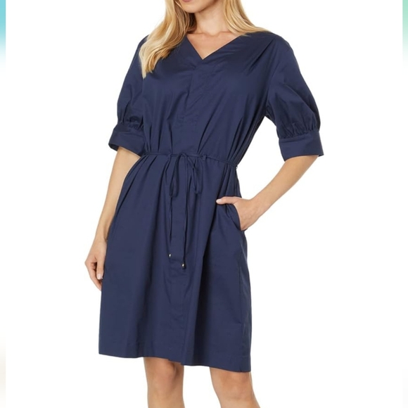 H by Halston NWT Classic Navy Linen Button Up Belted Knee Length Dress - MEDIUM - Picture 2 of 12